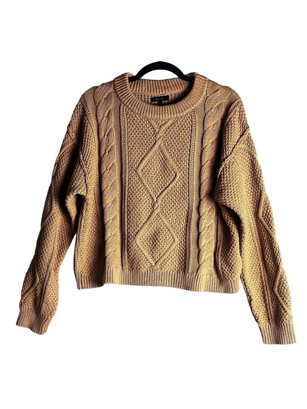 Quince Sweater Womens L Tan Cable Knit Crew Neck Organic Cotton Chunky Pullover